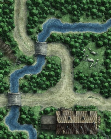 GameMastery Flip-Mat: Forest Path PDF. A map depicting a forest scene with a dirt road, with bridges crossing over a winding river. A wooden building sits at the bottom of the area.