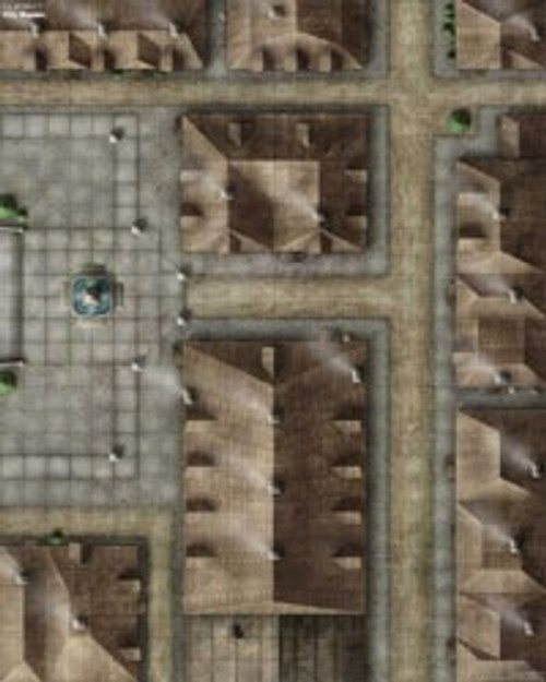 GameMastery Flip-Mat: City Square PDF. A map depicting a small town square, with several buildings, roads, and alleyways. 