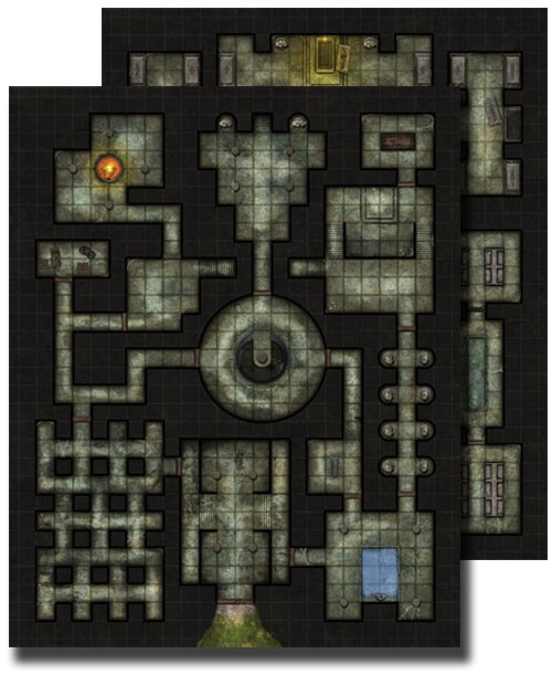 GameMastery Flip-Mat: Dungeon PDF. Two overlayed maps, both depicting intricate dungeon layouts, with narrow tunnels and mysterious rooms.