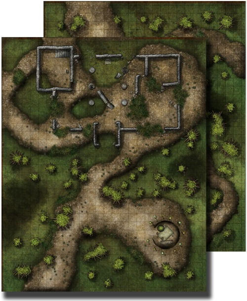 GameMastery Flip-Mat: Swamp PDF. Two overlayed maps, both depicting paths through a swampy terrain, with scattered ruins.
