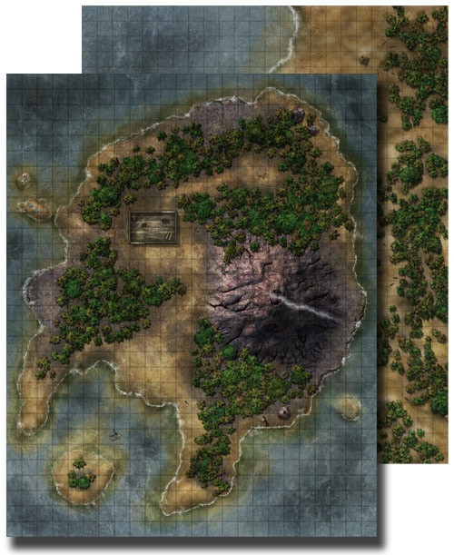 GameMastery Flip-Mat: Pirate Island PDF. Two overlayed maps, one depicting a small island with a bay and a mountain, the other featuring the coastline of an island.