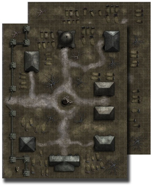 GameMastery Flip-Mat: Necropolis PDF. Two overlayed maps, one depicting a fenced cemetery complex with tombs and graves. The other map features dirt terrain strewn with graves.