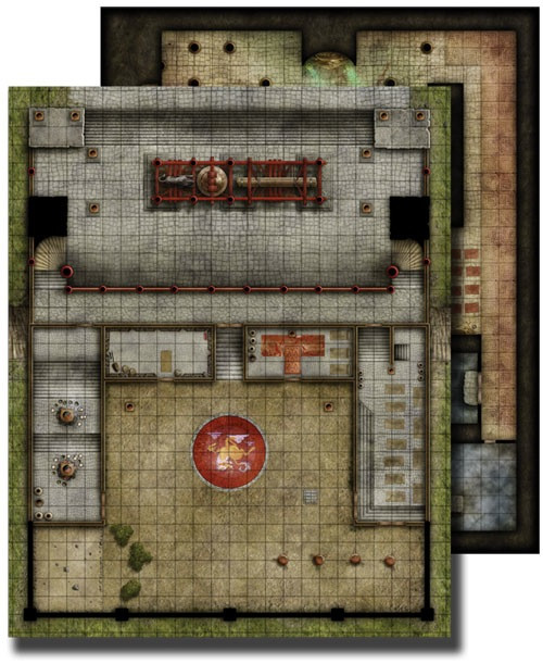 GameMastery Flip-Mat: Monastery PDF. Two overlayed maps, one depicting the large courtyard of a stone monastery, and the other showing the interior of the monastery.