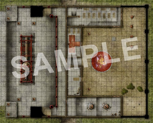 GameMastery Flip-Mat: Monastery PDF. Sample map of the courtyard, which is bordered by a large rectangular room with a long table in the middle.
