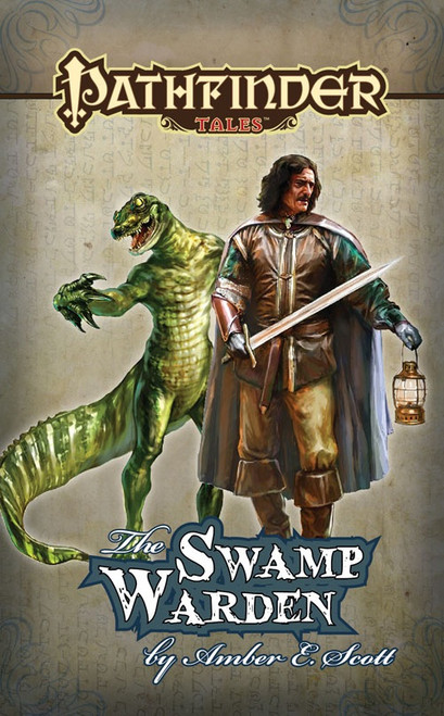 Pathfinder Tales: The Swamp Warden ePub (Download), by Amber E. Scott. Image depicts a man with a sword and a lizard monster.