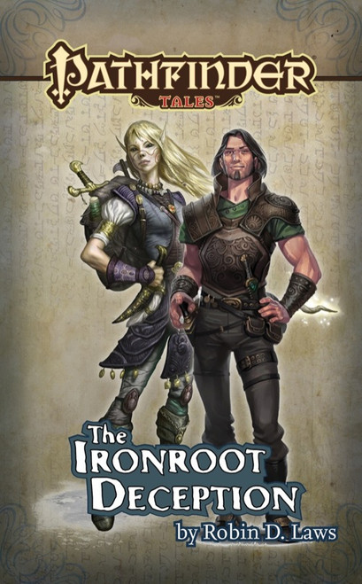Pathfinder Tales: The Ironroot Deception ePub (Download), by Robin D. Laws. This cover depicts two characters, a human man and a female elf.
