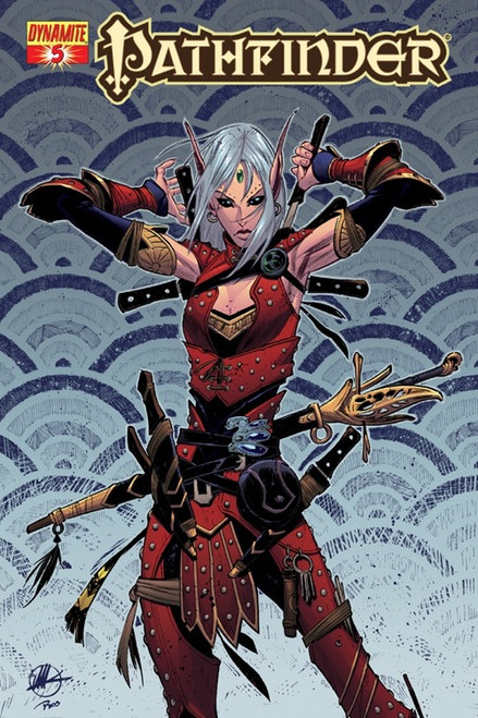Pathfinder #5 Standard Cover featuring art by Matteo Scalera featuring the iconic hero Merisiel the rogue posing in front of a complex geometric design of half circles colored in shades of blue.