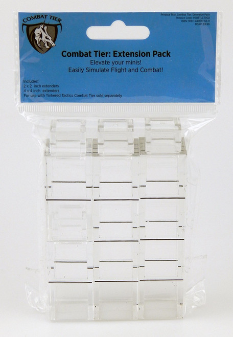 Combat Tiers Extension Set, made from durable acrylic, features multi-tier platforms in a clear design, allowing for adjustable heights and easy gameplay, with a blue and white label and branding.