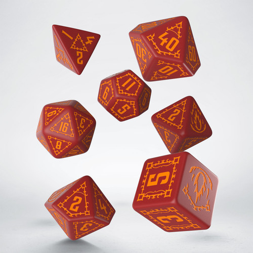 Photo of a set of 7 polyhedral dice in red with orange numbers and design embellishments.