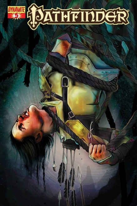 Pathfinder #5 standard cover by Erik Jones featuring a tied-up Valeros the fighter hanging upside down and clearly in distress.