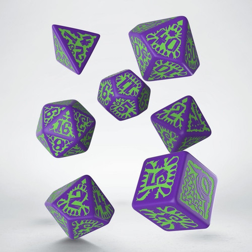 Photo of 7 polyhedral dice in purple with green numbers and design embellishments, including the silhouettes of goblin heads.