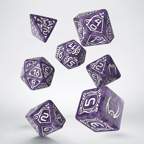 Photo of 7 polyhedral dice in purple with numbers and sci-fi design embellishments in white ink.