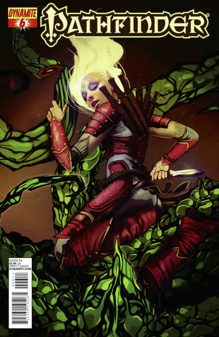 Pathfinder #6 standard cover by Erik Jones featuring the iconic hero Merisiel the rogue posing among green vines.