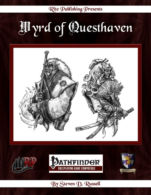 Wyrd of Questhaven PDF cover featuring a half-elven/half-ogre magi stock in black & white, Pathfinder game logos and author Steven D. Russell's name, for roleplaying game characters and world-building integration in fantasy campaigns.