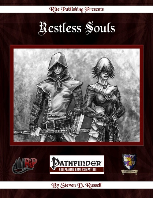 Restless Souls PDF cover featuring dark-attired characters, Pathfinder and Rite Publishing logos. A hooded character and one with short hair wield swords on a dark background with white banners, designed for player character templates.