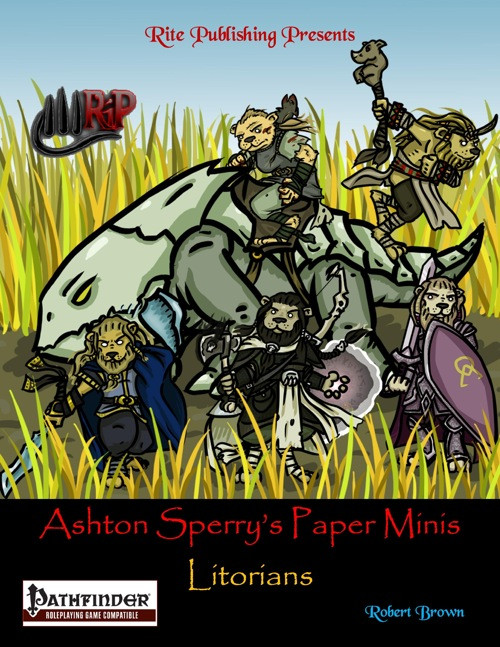 Ashton Sperry's Paper Minis: Litorians PDF, featuring Pathfinder game tokens with Litorian characters, NPCs, and a Bulette, showcasing medium and huge character miniatures in various fantasy settings, crafted for RPG enthusiasts.