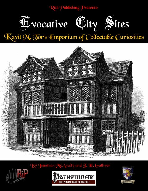 Cover art for Evocative City Sites: Kavit M. Tor's Emporium of Collectible Curiosities, a Pathfinder-compatible supplement, featuring a detailed Victorian house with intricate woodwork, compatible 1" = 1 square scale map pack layout.