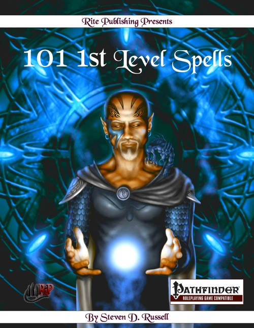 Pathfinder 101 1st Level Spells PDF cover featuring a spellcaster with glowing hands, blue background, and dark attire, 101 spells, 1st level, by Rite Publishing for Pathfinder RPG players.