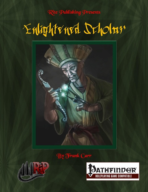 Energetic scholar with a glowing staff, wearing a green robe and traditional headdress, set against a dark background with RPG and Pathfinder logos, representing fantasy role-playing and esoteric knowledge, a 1-page PDF product.
