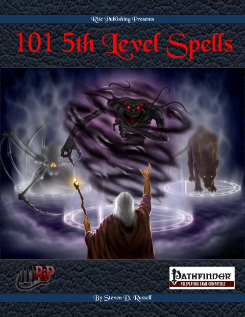 101 5th Level Spells PDF cover, a comprehensive collection of 101 spells, compatible with Pathfinder Roleplaying Game, by Rite Publishing, featuring a wizard and monsters on a purple, gray background in a large size format.