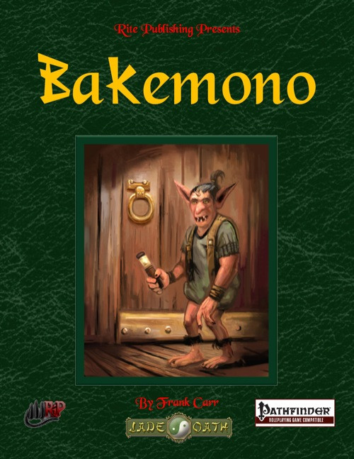 Bakemono PDF cover art by Rite Publishing, featuring a cartoon creature on a dark green background with yellow and red text highlighting 'Bakemono by Frank Carr' in an Oriental Pathfinder Roleplaying Game theme.