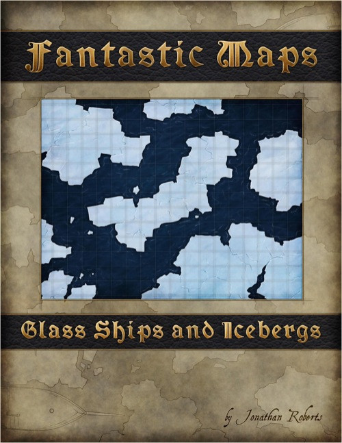 Fantastic Maps: Glass Ships and Icebergs PDF, a 1 square=1 inch scale battlemap in letter format with dark blue and light blue grid patterns by Jonathan Roberts.
