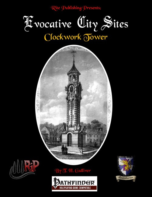 Pathfinder RPG supplement Evocative City Sites: Clockwork Tower PDF featuring a black and white clock tower illustration on a black background with Rite Publishing and Greenhaven Games logos, 1:1 scale map pack included.