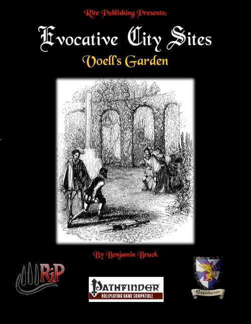 Black and white illustration of people in a garden with arches on the cover of Voell's Garden, a Pathfinder Roleplaying Game PDF by Rite Publishing in the Evocative City Sites series of urban adventure locales.