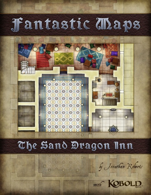 Fantastic Maps: The Sand Dragon Inn PDF, an Arabian-style inn map with luxurious common room, courtyard, stables, by cartographer Jonathan Roberts, perfect for fantasy gaming, featuring a beautiful mosaic courtyard and underground tunnels.