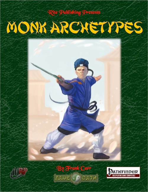Monk Archetypes PDF, a blue-robed monk illustration in a green background with ancient architecture, featuring Pathfinder-compatible monk types and styles, including the contemplative, huashan, kenza, and martial orders, various logos and text overlay.