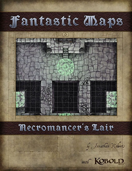 Fantastic Maps: Necromancer's Lair PDF by Jonathan Roberts, a multi-page dungeon map with grid and greyscale options, in letter and A4 formats, designed for tabletop gaming with Kobold, by Open Design.