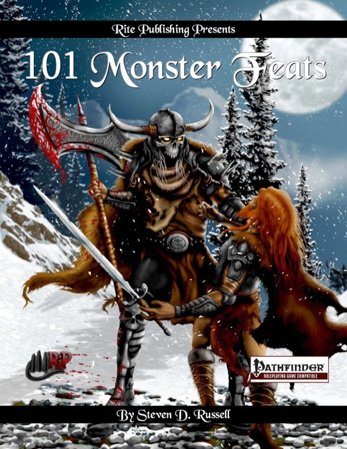 101 Monster Feats PDF by Rite Publishing, a Pathfinder RPG product, showcases the book cover featuring a medieval snowy landscape with a horned warrior and a female fighter, with fantasy elements and the RPG logo prominently displayed.