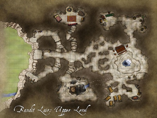 Fantastic Maps Bandit's Lair PDF, Kobold Quarterly cartography, 1 square=1 inch scale battlemaps, upper and lower levels, printer-friendly grayscale versions, isometric JPG illustration, multi-page PDF, Jonathan Roberts, sunken hideout, scum and villainy beneath earth.