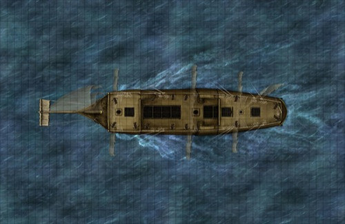 Pirate Ship PDF by Jonathan Roberts, scale 178' three-masted square rigger with brown wooden exterior, designed for tabletop adventures and RPG use, includes print-ready PDFs of two multi-page maps.