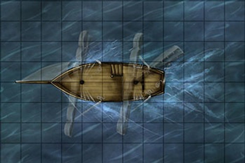 Pirate Ship 3-masted square rigger PDF map, a 178' blue grid background featuring a brown wooden deck and superstructure, created by Jonathan Roberts, print at 1 inch scale.