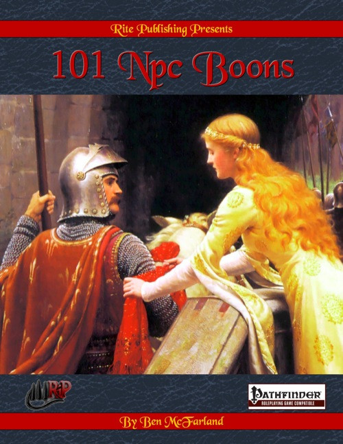 Medieval woman in yellow gown rewards knight in silver helmet and red cape, symbolizing non-monetary treasure for Pathfinder RPG, with 101 NPC Boons by Rite Publishing's Ben McFarland in a PDF format for players.