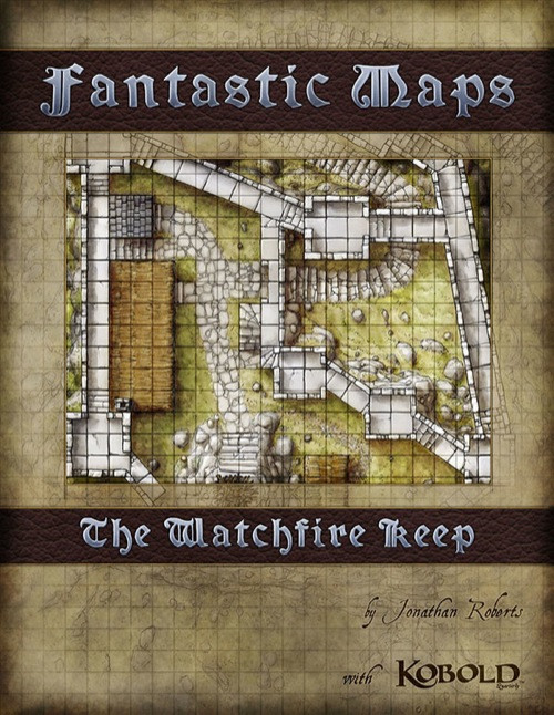 Fantastic Maps: The Watchfire Keep PDF, a multi-page cartography product from Kobold Quarterly, featuring a medieval keep and beacon hill map with stone walls and bonfire, in full color with letter and A4 printing scales.