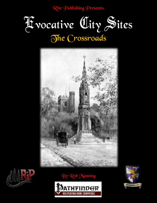 Evocative City Sites: The Crossroads Pathfinder Roleplaying Game supplement PDF, features a black and white illustration with a church steeple and horse-drawn carriage, accompanied by Rite Publishing and Rob Manning logos.