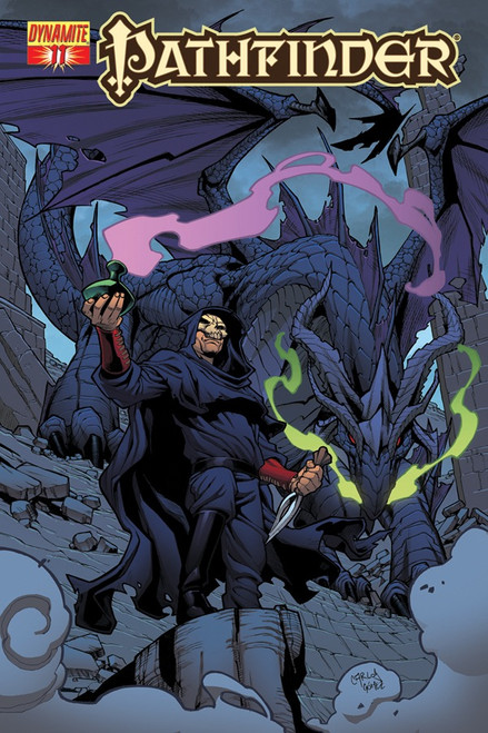 Pathfinder #11 Standard Cover by Carlos Gomez featuring a wicked cultist wearing a skull-face mask and wielding a dagger standing before a horned black dragon in a cavern.