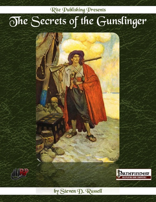 The Secrets of the Gunslinger PDF cover features a gunslinger with a rifle and red cloak against a green background, showcasing Pathfinder RPG logos and author credit, by Steven D. Russell.