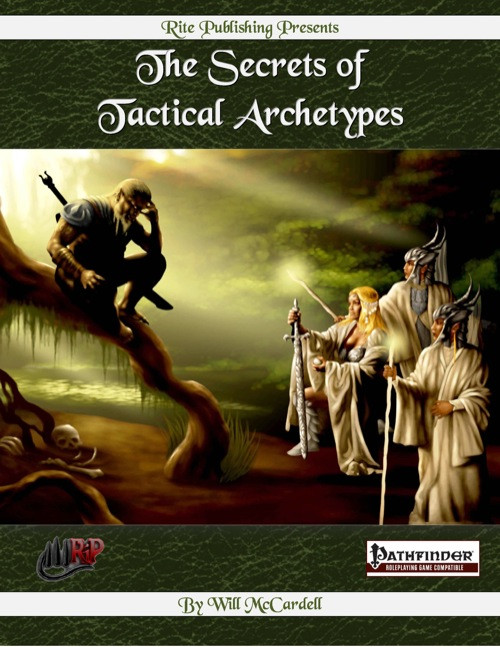 The Secrets of Tactical Archetypes PDF cover art showcases a contemplative figure on a tree branch alongside robed figures, set against a mystical background, featuring six tactical archetypes: cavalier, gunslinger, magi, ranger, samurai, and summoner character designs in RPG game style.