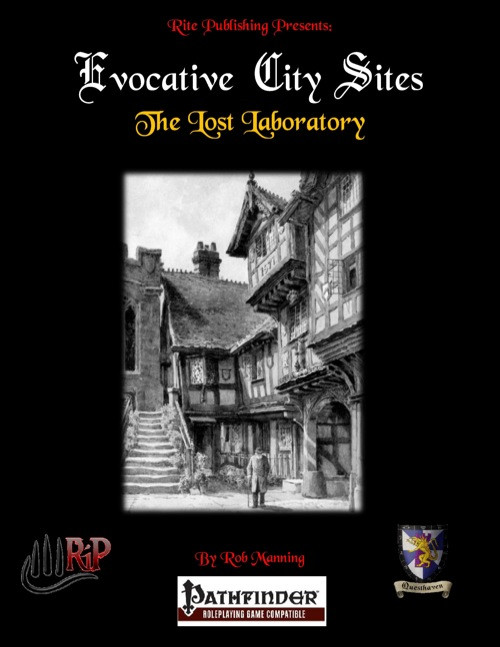 Black and white illustration of the medieval-style Lost Laboratory, featuring logos for Rite Publishing, Pathfinder, and Open Game License, accompanying Evocative City Sites: The Lost Laboratory PDF, a PFRPG supplement.