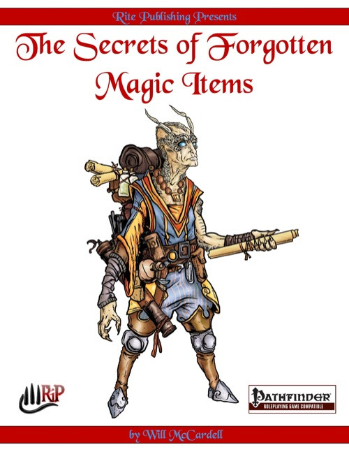 The Secrets of Forgotten Magic Items (PFRPG) PDF cover, featuring a horned creature with blue eyes, holding a scroll and potions, alongside Rite Publishing and Pathfinder logos, in a fantasy setting with magical items and accessories.