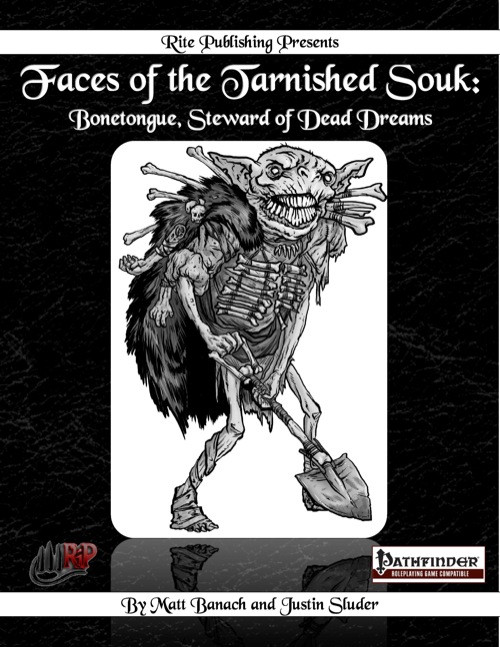 Bonetongue, a grim skeletal undertaker, on the cover of Pathfinder RPG supplement Faces of the Tarnished Souk: Bonetongue, Steward of Dead Dreams PDF, a dark gothic art illustration with a melancholic tone, featuring a 2D black and white design.