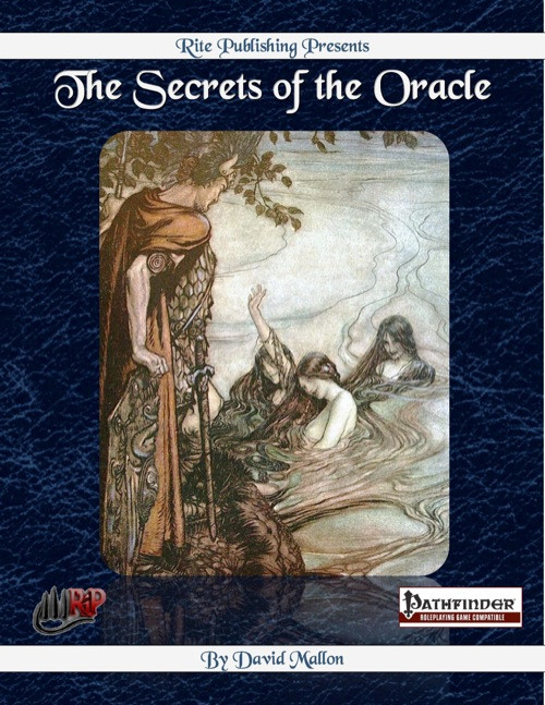 The Secrets of the Oracle (PFRPG) PDF cover, featuring a woman in a brown robe, mystical smoke, and water, on a dark blue background with RPG and Pathfinder logos, highlighting a fantasy adventure.