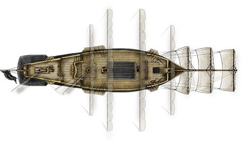 Fantastic Maps Square Rigger battlemap PDF with detailed wooden ship deck and rigging, grid options for A4E, PFRPG, and OGL games, designed by Jonathan Roberts for Kobold Quarterly, letter or A4-sized print available.