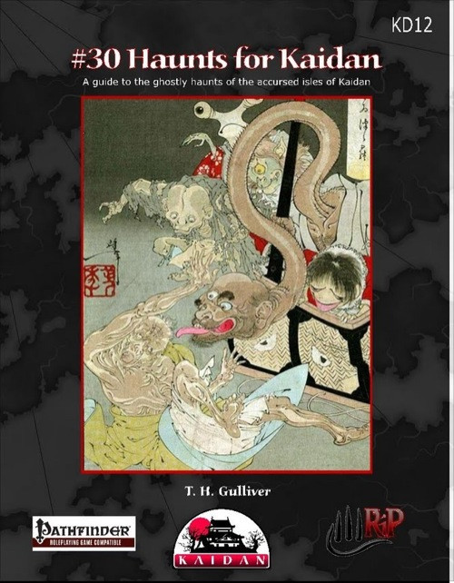 Kaidan PDF cover featuring Pathfinder and RPG logos, a red-bordered illustration of Japanese supernatural creatures, on a dark background. A horror-themed book about Japanese ghost stories, oni demons, and yurei ghosts from PFRPG #30 Haunts for Kaidan.