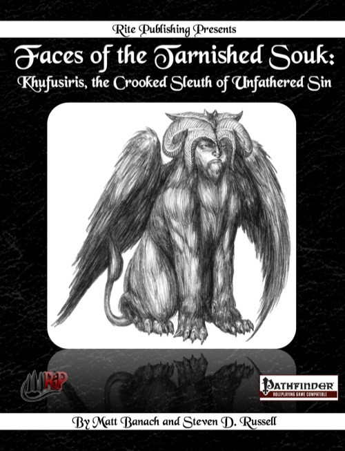 Faces of the Tarnished Souk: Khufusiris, a 1 PDF cover by Rite Publishing for Pathfinder RPG featuring a winged creature with horns on a white background.