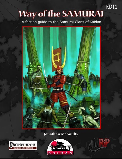 Way of the Samurai PDF cover featuring a samurai in red armor with a sword, surrounded by others in a bamboo forest, with Pathfinder, Kaidan, and Rite Publishing logos.
