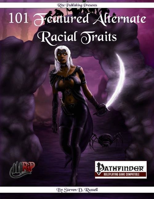 101 Featured Alternate Racial Traits by Steven D. Russell, a Pathfinder Roleplaying Game PDF, 101+ racial traits for Advanced Race Guide featured races, including fantasy sword-wielding female character with white hair and black attire.